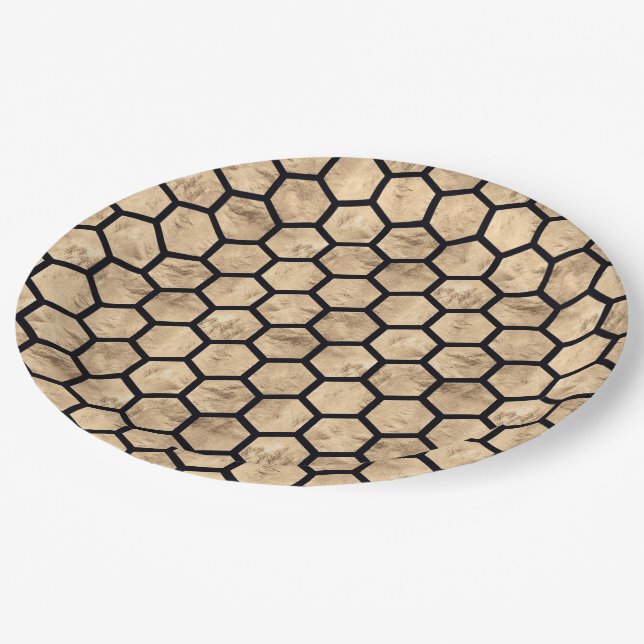 Black and rose gold honeycomb graphic pattern paper plate