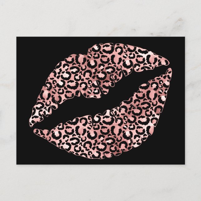Black and Rose Gold Leopard Spot Lipstick Kiss Postcard (Front)