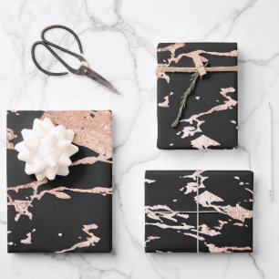 Black and Rose Gold Marble Look Wrapping Paper Sheet