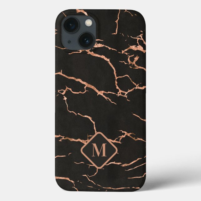 Black and rose gold marble texture monogram Case-Mate iPhone case (Back)