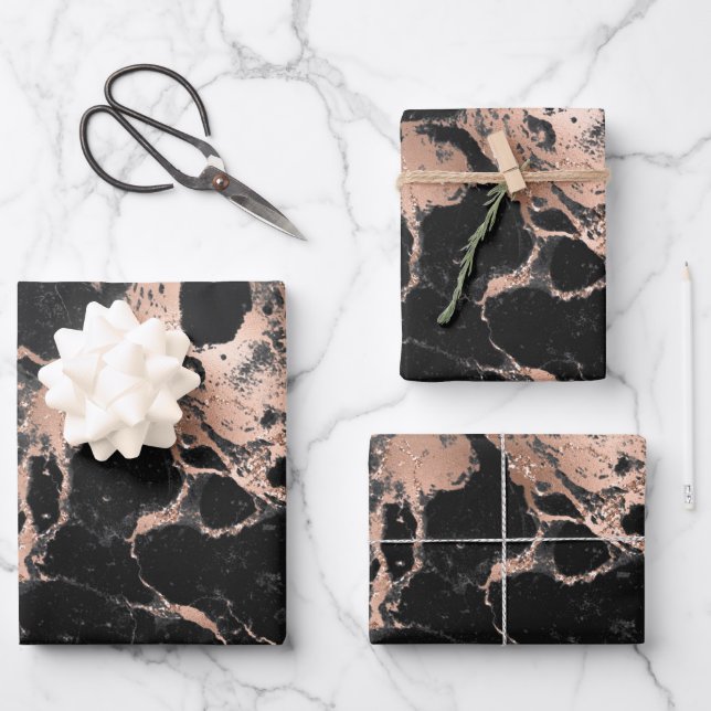 Black and Rose Gold Marble Wrapping Paper Sheet (Front)