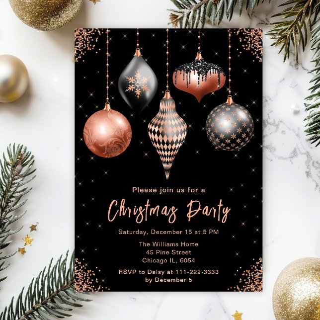 Black and Rose Gold Ornaments Christmas Party Invitation (Creator Uploaded)