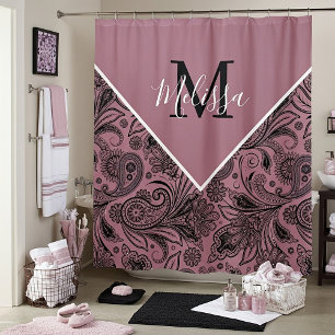 Black and rose gold paisley shower curtain
