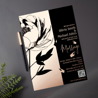 Black and Rose Gold Peony QR code Invitation