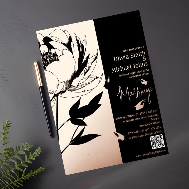 Black and Rose Gold Peony QR code Invitation (Creator Uploaded)