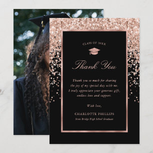 Black and Rose Gold Photo Graduation Thank You Card