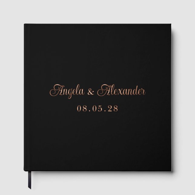 Black and Rose Gold Pretty Curly Script Wedding Guest Book (Front)
