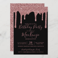 Black and Rose Gold Sparkle Glitter Drips Birthday