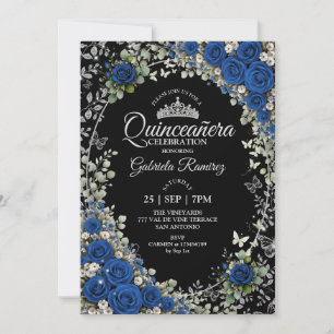 Black and Royal Blue Quinceañera Silver Butterfly Invitation