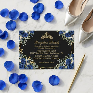 Black and Royal Blue Roses Golden Quinceañera Enclosure Card