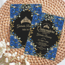 Black and Royal Blue Roses Golden Quinceañera