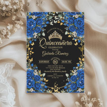 Black and Royal Blue Roses Golden Quinceañera