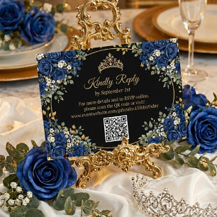 Black and Royal Blue Roses Golden Quinceañera RSVP Card