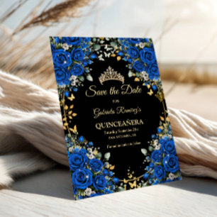 Black and Royal Blue Roses Golden Quinceañera  Save The Date