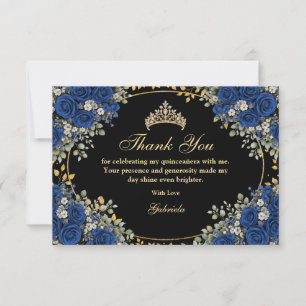 Black and Royal Blue Roses Golden Quinceañera Thank You Card