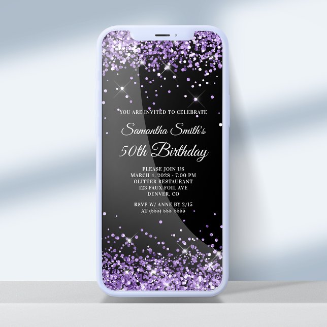 Black and Royal Purple Glitter 50th Birthday Invitation (Creator Uploaded)