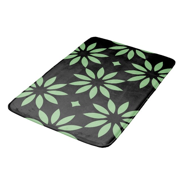 Black and Sage Green Big Flowers Bath Mat (Angled)
