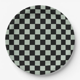 Black and Sage Green  Chequered Paper Plate