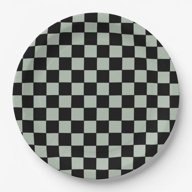 Black and Sage Green  Chequered Paper Plate (Front)