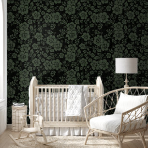 Black and Sage Green floral flower peel and stick Wallpaper