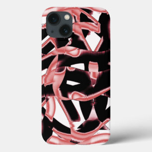 Black and salmon scraps, destroyed tapes on white iPhone 13 case