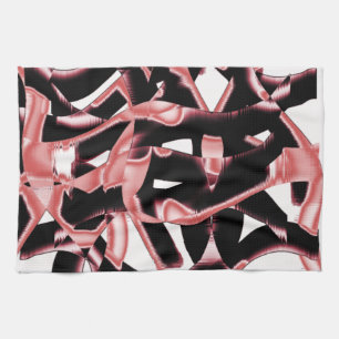 Black and salmon scraps, destroyed tapes on white tea towel