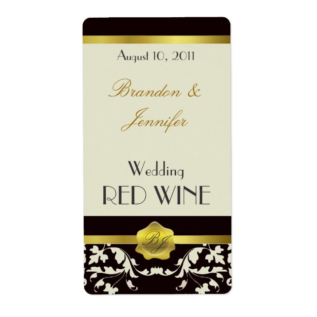 Black and Sand Monogram Wedding Mini Wine Labels (Front)