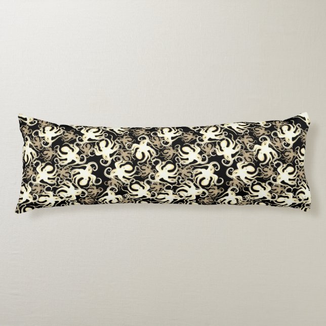 Black And Sepia Repeating Motif | Octopus Pattern Body Cushion (Front)