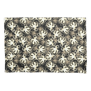 Black And Sepia Repeating Motif Octopus Pattern Pillowcase