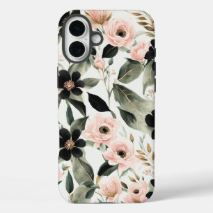 Black and Shell Pink Flowers iPhone 16 Plus Case