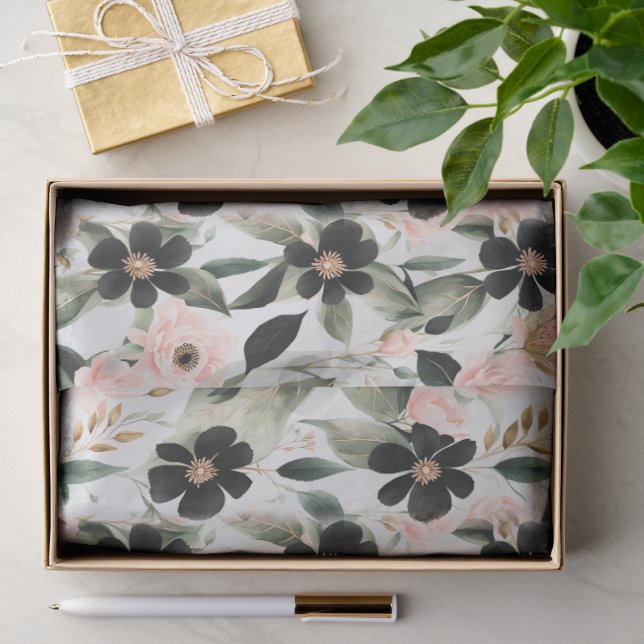 Black and Shell Pink Flowers Tissue Paper (Gift)