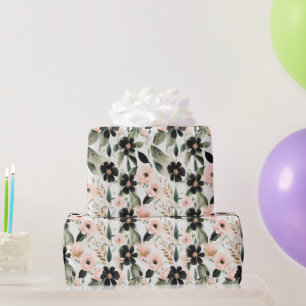 Black and Shell Pink Flowers Wrapping Paper