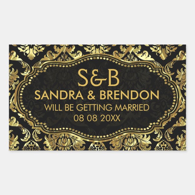 Black And Shiny Gold Floral Damasks Pattern Rectangular Sticker (Front)