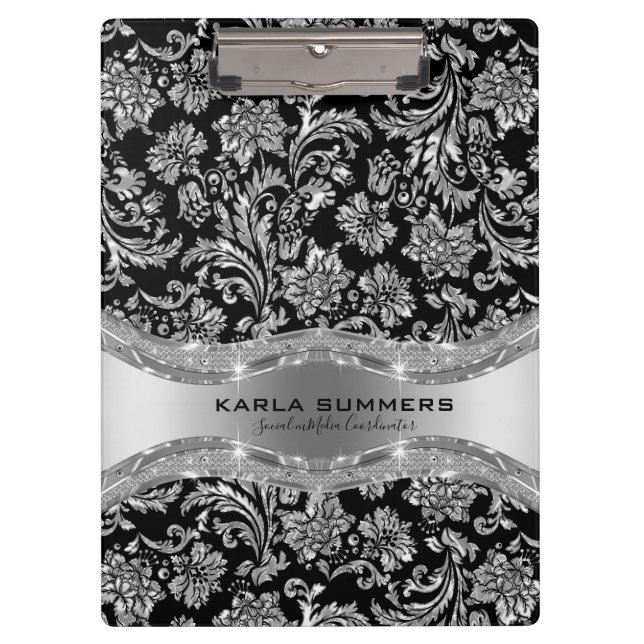 Black and shiny silver damask pattern clipboard (Front)