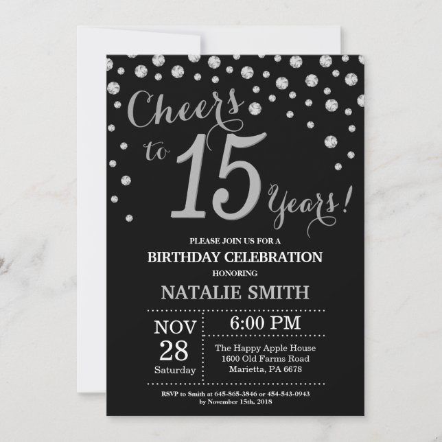 Black and Silver 15th Birthday Diamond Invitation (Front)