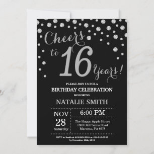 Black and Silver 16th Birthday Diamond Invitation