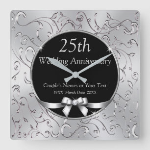 Black and Silver 25th Wedding Anniversary Gifts Square Wall Clock