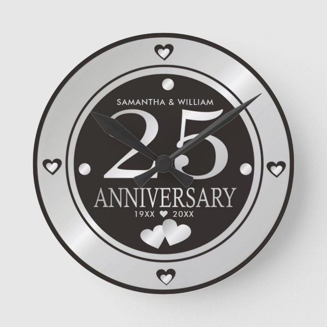  Black And Silver 25th Wedding Anniversary  Round Clock (Front)