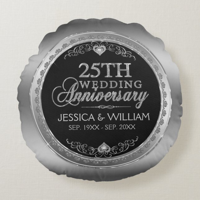 Black And Silver 25th Wedding Anniversary Round Cushion (Front)