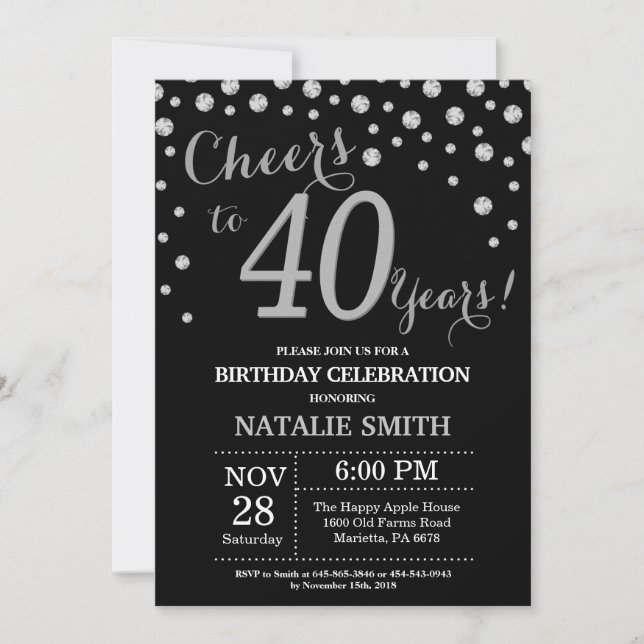 Black and Silver 40th Birthday Diamond Invitation (Front)