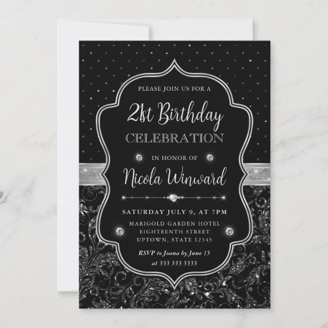 Black and Silver Art Deco Glitter 21st Birthday Invitation (Front)