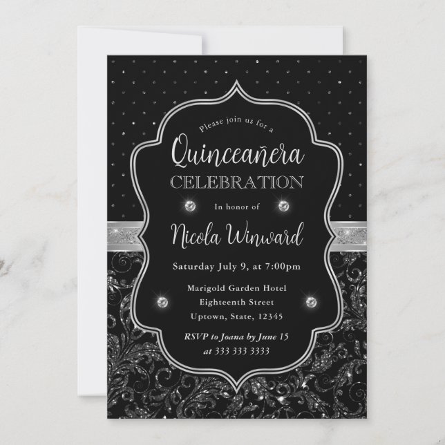 Black and Silver Art Deco Glitter Quinceanera Invitation (Front)