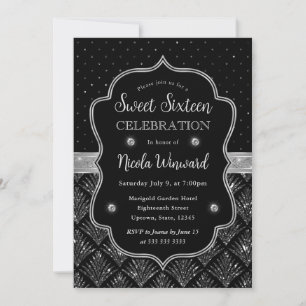 Black and Silver Art Deco Glitter Sweet Sixteen Invitation