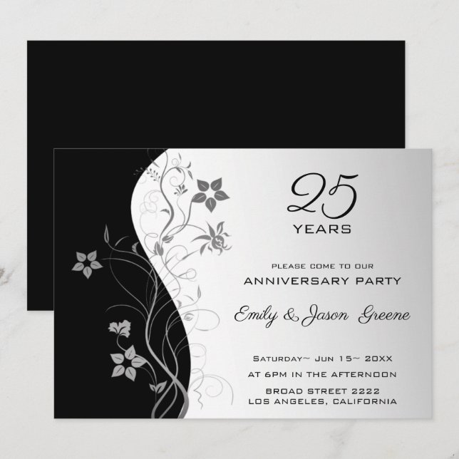 Black And Silver Background Grey Flowers Invitation (Front/Back)
