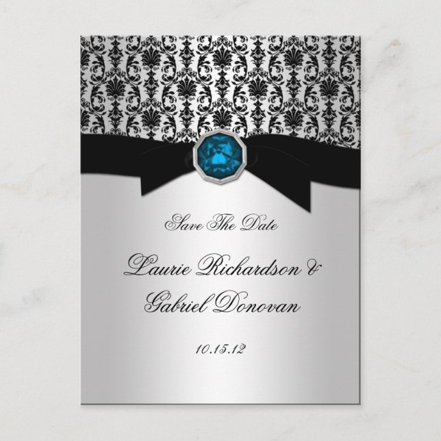 Black and Silver Blue Topaz Jewel Save The Date Announcement Postcard (Front)