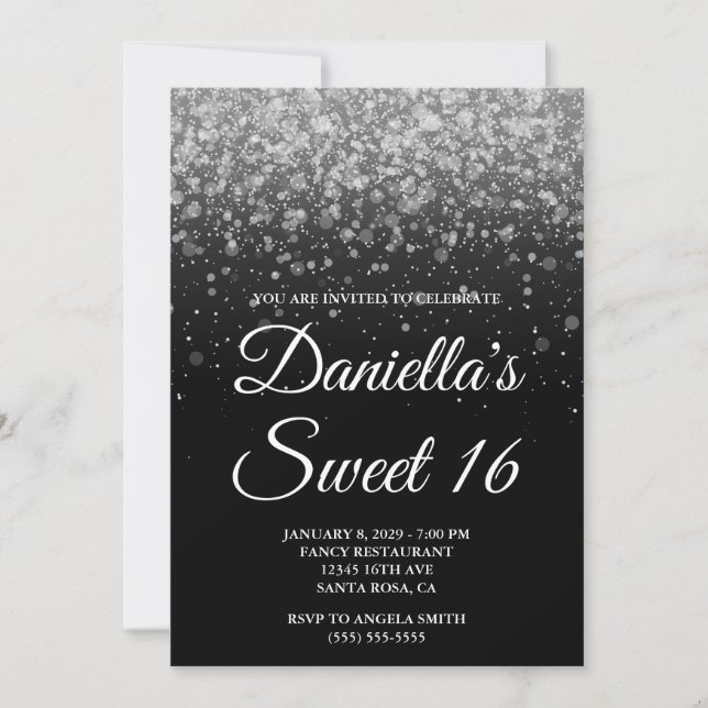 Black and Silver Bokeh Confetti Sweet 16 Invitation (Front)