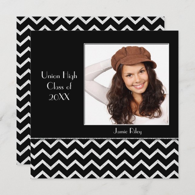 Black and Silver Chevron Graduation Invitation (Front/Back)