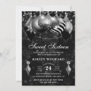Black and Silver Christmas Baubles Sweet Sixteen Invitation