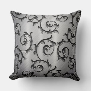 Black and Silver Curls Pattern Throw Pillow