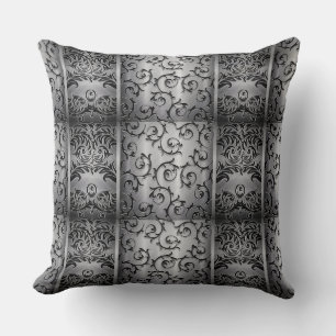 Black and Silver Curls Tiled Pattern Throw Pillow